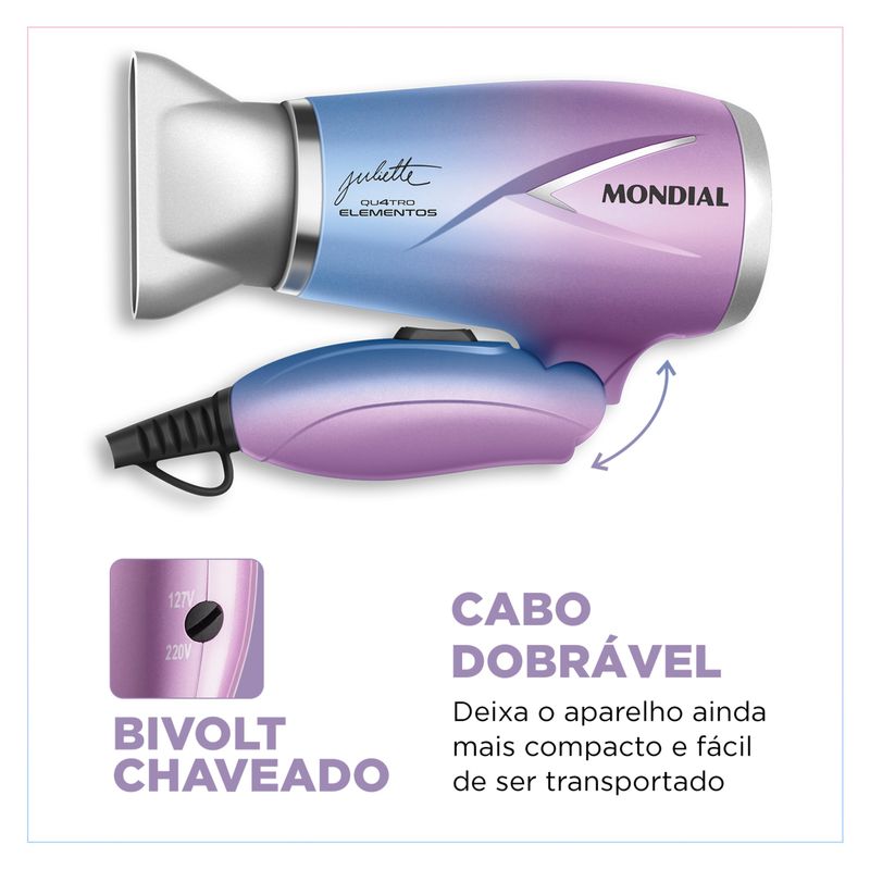 Secador de Cabelo Travel Qu4tro Elementos By Juliette Mondial SCT-JU-03